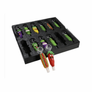 DISPLAY OF 12 GLASS PIPES WITH SILICONE CARTOON EXTERIOR COVER - H358